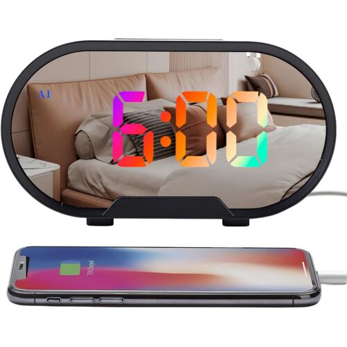 Réveil numérique, Affichage LED Miroir, Fonction Snooze Facile, luminosité du Volume réglable de 0 à 100%, 2 alarmes, Horloge de Bureau 12/24 Heures pour la Chambre à Coucher(Blanc)