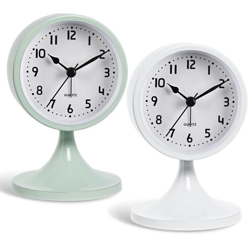 2 PCS Réveil Analogique Rétro sans TicTac, Tischuhr Analog, Horloge De Table Silencieuse sans Tic Tac, Métal Horloge De Table, Fonctionne À Piles Für Schlafzimmer Büro Wohnzimmer Deko Modern(Blanc)