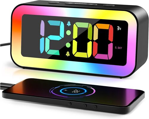 Reveil Lumineux, Couleurs Rvb Reveil Numerique, Luminosité Réglable Reveil Matin Enfant, Contrôle Vocal, 12/24H, Port De Recharge Usb, Mémoire De Mise Hors Tension