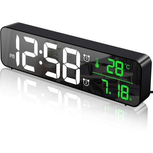 Réveil Numérique, Horloge Murale Réveil Matin LED Digital Miroir Grand Ecran avec Température Date, 2 Alarme, 40 Musique, 6 Luminosité Variable, USB Clock pour Maison Bureau, Blanc