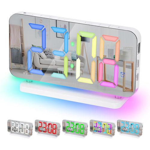 Réveil, Horloge numérique LED 7,4"", reveil Miroir avec Affichage de l'heure 11 Couleurs, veilleuse RVB 10 Modes, Port de Chargeur USB C, Volume, luminosité, reveil ado Enfant-Noir