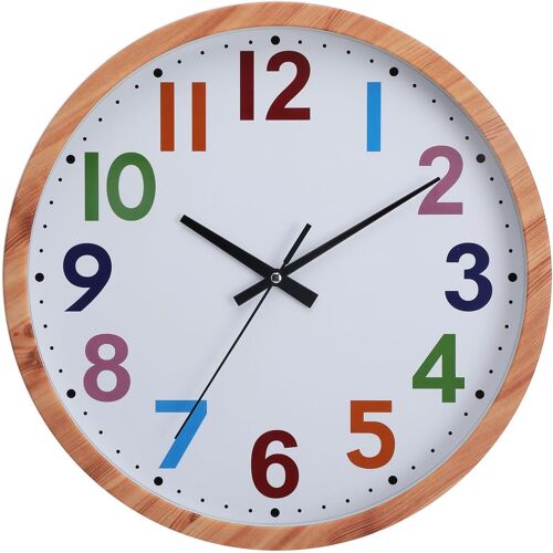 Horloge Murale Montre Design en Grain de Bois Imitation avec Chiffres Colorés Arabes, Simple et Facile à Lire, Convient aux Horloges Murales Calmes dans le Salon, la Chambre à Coucher, le Bureau