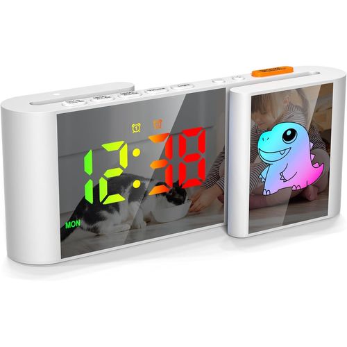 SEPT-Réveil Numérique, Horloge Digitale avec Dinosaure Mignon, Horloge LED de Type S, 11 Couleurs Cartoon, Variateur, Volume, Snooze, Veilleuse pour Table de Nuit, Chambre, Room Décor(Blanc)