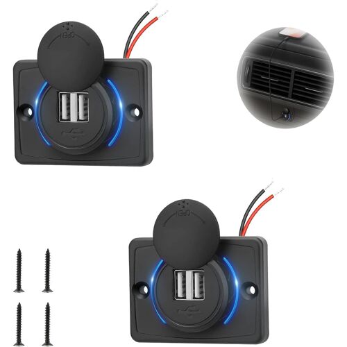 JGD-2 Pièces Prise USB Voiture 12V-24V Étanche avec Interrupteur, Double Port Prise USB 12V Encastrable 3.1A avec Lumière Bleue & 4 Vis,pour Voiture,Bateau,Camion,Camping-Car