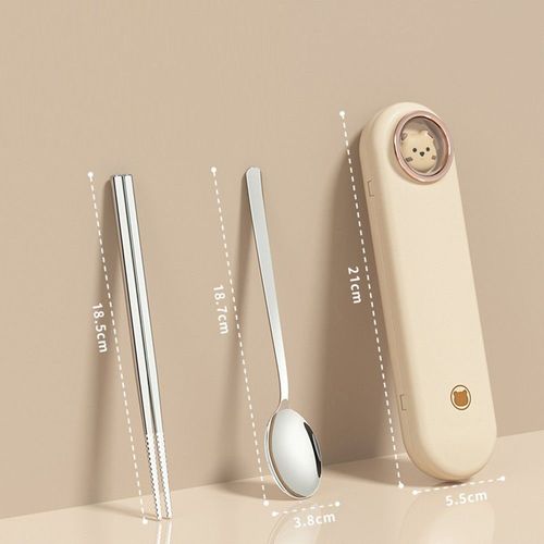 (Couleur Crème)Ensemble Cuillère Et Baguettes Avec Étui De Voyage En Acier Ob