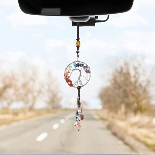 Kalanka-Cobee Ornement À Suspendre Arbre De Vie Pour Rétroviseur De Voiture, Pendentif En Pierre De Cristal De Guérison Avec 7 Chakras, Accessoires D'intérieur De Voiture (B)