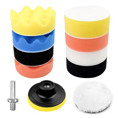 MEVRONISSHOP-11 Pièces Éponge de Polissage, Tampon de Polissage en Laine d'agneau 3 Pouces, Pad Polissage Voiture Auto Agrippant, Disque de Polissage Adaptateur pour Polissage de Voiture Meulage Cira