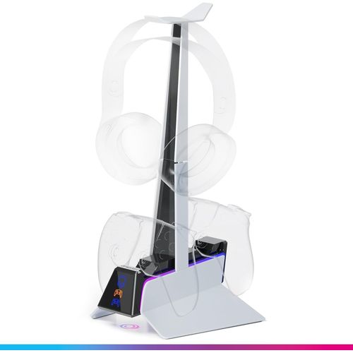 KAL-Chargeur Manette Ps5 - Station De Charge Rapide 2H, Support Manette Et Accessoire Ps5, Double Chargeur Compatible Avec Dualsense, Support Amovible Recharge Casque Inclus - Station X3 (Blanc)