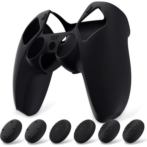Sept-Coque Protection Pour Ps5 Manette,Housse Silicone Avec 6 Capuchon Joystick Pour Ps5 Grip Cover Skin Compatible Avec Station De Charge-Noir,Pure Series