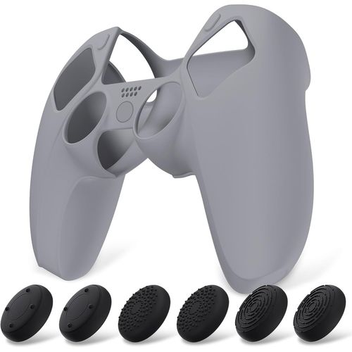 Coque Protection Pour Ps5 Manette,Housse Silicone Avec 6 Capuchon Joystick Pour Ps5 Grip Cover Skin Compatible Avec Station De Charge-Gris,Pure Series