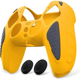 PlayVital Coque Manette pour ps5 Protection Accessoire pour ps5 Controller Cover Housse Silicone avec Capuchon Joystick,Édition Chevalier-Jaune Attention&Gris Graphite