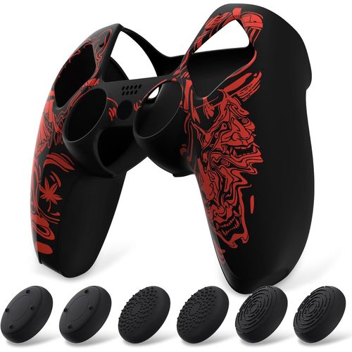 Coque Protection Pour Ps5 Manette,Housse Silicone Avec 6 Capuchon Joystick Pour Ps5 Grip Cover Skin Compatible Avec Station De Charge-Rouge,Samouraï Prajna
