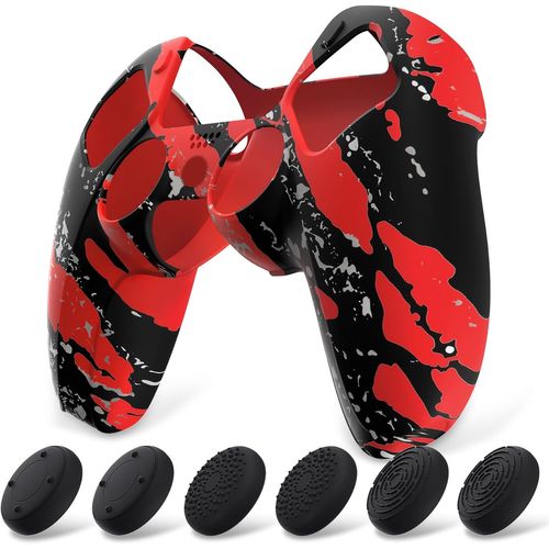Coque Protection Pour Ps5 Manette,Housse Silicone Avec 6 Capuchon Joystick Pour Ps5 Grip Cover Skin Compatible Avec Station De Charge-Rouge Éclaboussure,Pure Series