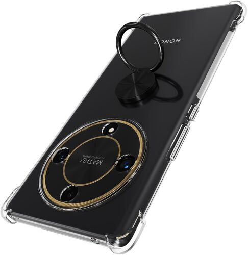KAL-Coque Compatible Avec Honor Magic 6 Lite 5G, Anneau Béquille Crystal Clear Silicone Etui, Anti-Chute Aux Quatre Coins Transparent Protection Housse Tpu Rotatif À 360 Bague Cover - Anneau Noir