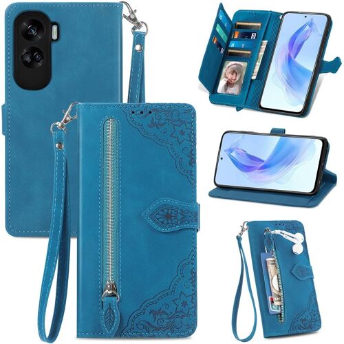 KAL-Coque Porte Monnaie Pour Honor 90 Lite, Etui Portefeuille En Cuir Pu Avec Cover En Tpu, Etui Multifonctionnel Porte-Cartes Avec Dragonne. Bleu