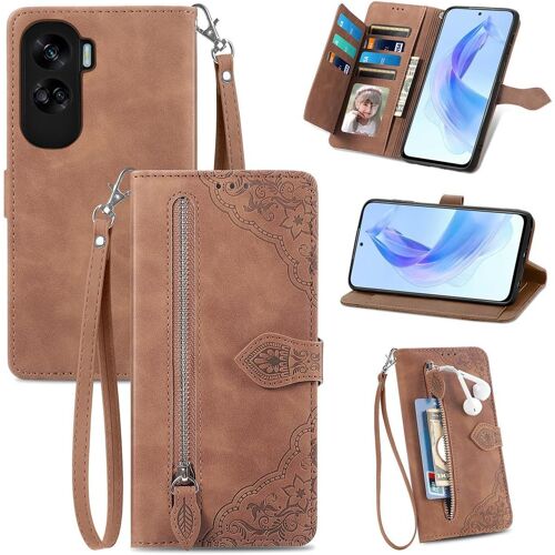 KAL-Coque Porte Monnaie Pour Honor 90 Lite, Etui Portefeuille En Cuir Pu Avec Cover En Tpu, Etui Multifonctionnel Porte-Cartes Avec Dragonne. Marron