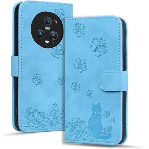 KAL-Coque Pour Honor Magic 5 Pro 5G Étui Flip Portefeuille Cuir Pu Sakura En Relief Cover Avec Magnétique Folio Fonction Support Housse Pour Honor Magic 5 Pro, Chat Sakura Bleu