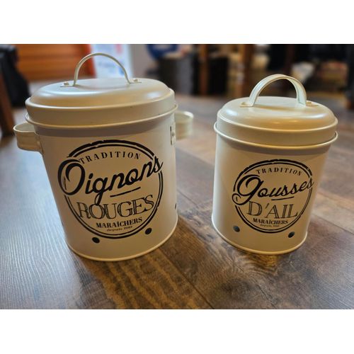 Lot De 2 Pots En Métal Pour Déco Cuisine (Oignons Rouges Et Gousses D'Ail)