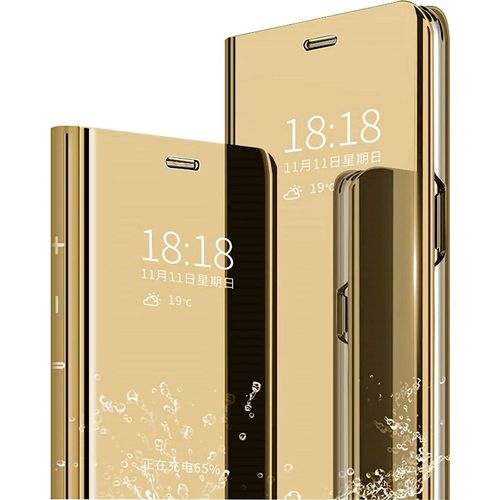 Coque Pour Samsung Galaxy A42 5g,Tui+ Verre Tremp Film Protecteur Flip Clear View Translucide Miroir Cover Standing 360¡Ãhousse Antichoc Smart Cover Bumper Golden