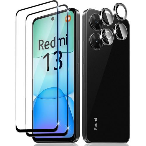 AER-2 Pièces Verre Trempé pour Xiaomi Redmi 13 4G/Poco M6, 2 Pièces Caméra Arrière Protecteur, Dureté 9H, Double Protection Metal + Caméra Verre Trempé, Protection D'Écran Anti-Rayures