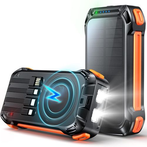 26800mah Batterie Externe Solaire Sans Fil Avec 4 Câbles Intégrés, Charge Rapide 7 Sorties Chargeur Portable Usb C 30w Avec Lampe Sos, Pour Téléphtablettes Camping (Noir-Orange)