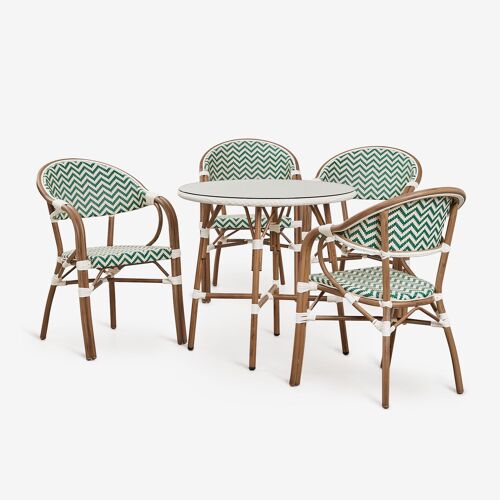 Ensemble De Bistrot Brielle Composé D'une Table Ronde De 80 Cm Et De 4 Chaises De Jardin Empilables En Aluminium Avec Accoudoirs Vert Choux - Blanc Gardenia