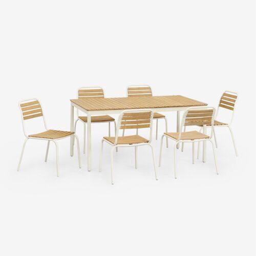 Ensemble Table Rectangulaire Artus 160x90 Cm Et 6 Chaises De Jardin Empilables En Acier Et Bois D'acacia Blanc Gardenia