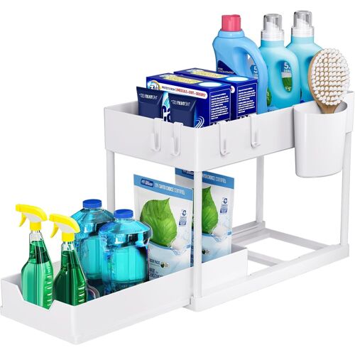 Tianyi-Lot De 1 Rangement Sous Évier À 2 Étages Avec Tiroirs Amovibles, Organisateur Sous Évier Cuisine, Étagère Placard Sous Évier Coulissant Multifonctionnelle Salle De Bain -Blanc