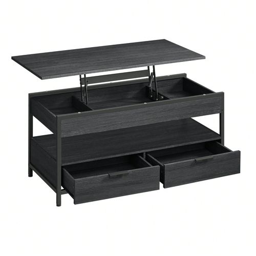 Table De Salon Avec Plateau Relevable, Avec Rangement Ouvert Et Compartiment Caché, Gris Anthracite Et Noir D'encre