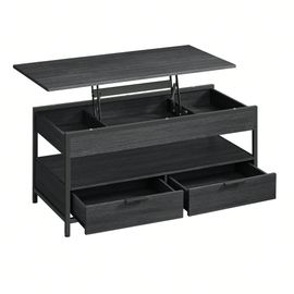 Table De Salon Avec Plateau Relevable, Avec Rangement Ouvert Et Compartiment Caché, Gris Anthracite Et Noir D'encre