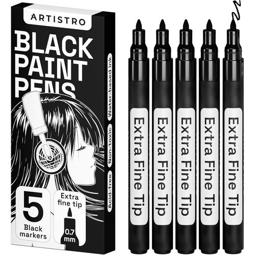 Kalanka-Feutres Noirs Pour Peinture Sur Roche, Pierre, Céramique, Verre, Bois, Pneu, Tissu, Métal, Toile. Set De 5 Marqueurs Noirs À Base D'eau Pour Peinture Acrylique, Pointe Extra Fine