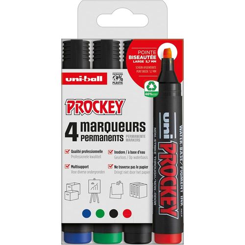 Kalanka-Uni Prockey Uni Mitsubishi Pencil - Marqueur Permanent Inodore Pm126 - Multisupport, Base Eau, Sans Odeur - Pointe Biseautée Large 5,7 Mm - Emballage Zéro Plastique - Lot De 4 Couleurs
