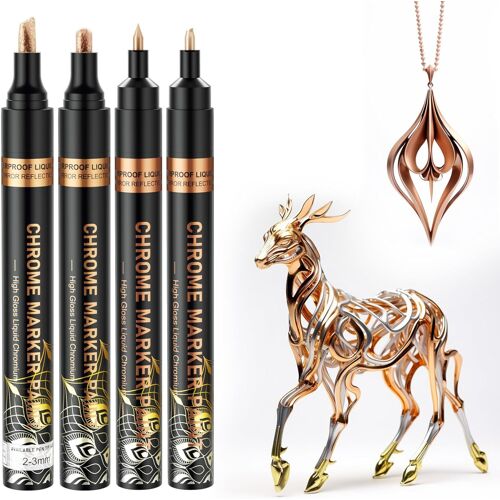 Marqueurs Acrylique Métallique, 4pcs Feutre Peinture Permanent, Imperméable Et Réfléchissant, Stylo Chrome Liquide Permanent Et Brillant Pour Peinture Résine, Plastique-Cuivre