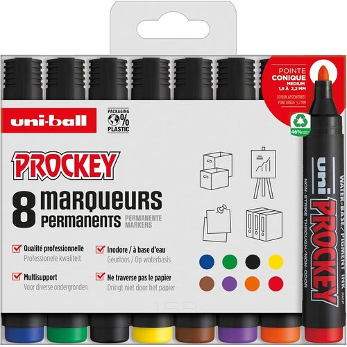 Kalanka-Uni Prockey Uni Mitsubishi Pencil - Marqueur Permanent Inodore Pm122 - Multisupport, Base Eau, Sans Odeur - Pointe Conique Moyenne 1,2-1,8 Mm - Emballage Zéro Plastique, Lot De 8 Couleurs