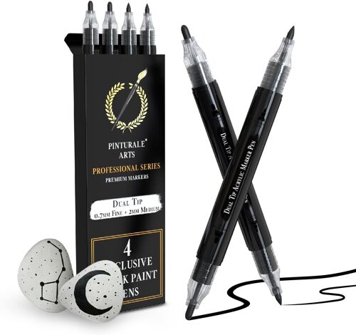 Mevronisshop-Feutre Acrylique Noir | Lot De 4 Feutres Noirs | Marqueur Acrylique Noir À Double Pointe (Fine 0,7mm Et 3mm) | Pour Bois, Verre, Pneu, Pierre