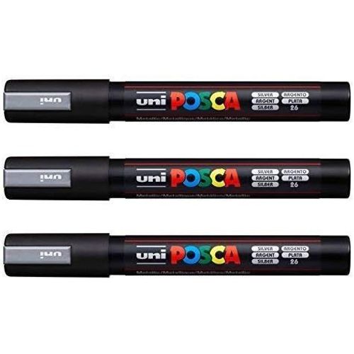 Kalanka-Posca Lot De 3 Marqueurs Pc-5m Uni-Ball (Gamme Complète De 35 Couleurs Disponibles) Metallic Silver