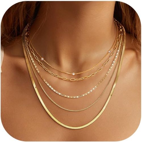Jum-5pcs Collier Femme,Colliers Acier Inoxydable Femme Collier Plaqués Or 14k Ensemble De Colliers Ras Chaîne Délicate,Bijoux Tendance Empilés Pour Femmes