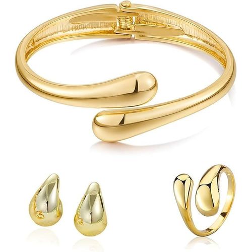 Kalsw-Bracelet Femme En Or,Bracelets Goutte D'eau Pour Femme,Bracelet Goutte D'eau Large,Bague Et Boucles D'oreilles,Design Élégant,Bijoux Polyvalents Pour Toute Occasion
