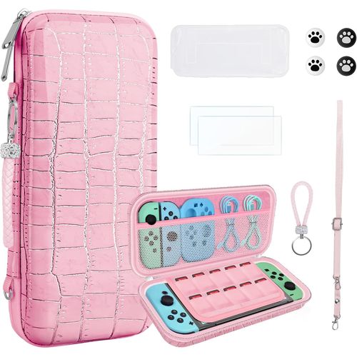 10 en 1 Pochette de Transport Compatible avec Nintendo Switch OLED,Nouveau Crocodile Texture Étui Rigide de Housse avec poignée,Coque Switch pour Accessoire & Console pour Cadeaux Filles¿Rosa