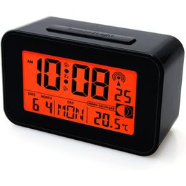 KAL-Réveil Numérique Radio-Piloté Avec Affichage De La Température, Date, Jours De La Semaine, Écran Lcd Rétroéclairé, Fonctionne Avec Piles, Noir