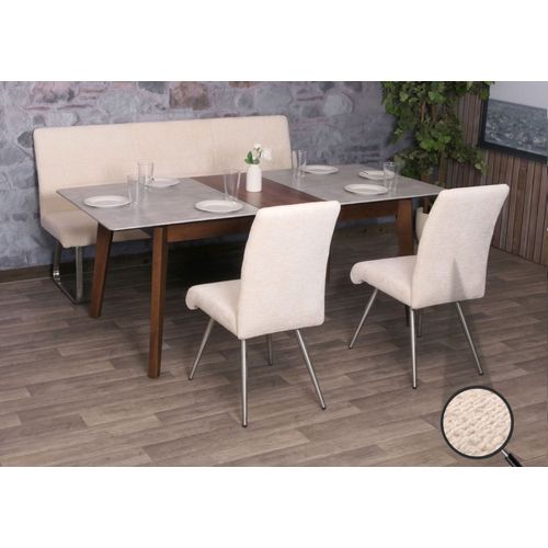 Set De Salle À Manger Hwc-G55, Set De 2 Chaises + Banc 180cm, Inox Brossé Tissu/Textile Chenille   Crème