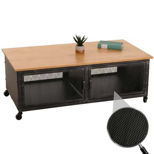 Table Basse Hwc-N28, Table De Salon, Roulettes 2 Compartiments, Structure 3d Industrielle Rétro Métal Bois 45x120x60cm   Noir, Naturel