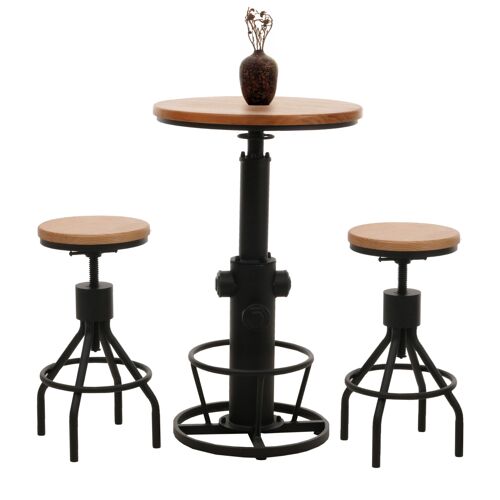 Set table de bar + 2x tabourets de bar HWC-N17, chaise de bar table haute réglable en hauteur pivotante repose-pieds industrielle   bois naturel