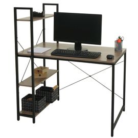 Bureau Avec Étagère Hwc-K81, Table D'ordinateur Portable Table De Travail, 100x60cm Métal Mdf   Gris-Brun