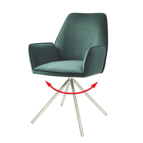Chaise de salle à manger HWC-G67, chaise de cuisine avec accoudoirs, pivotante velours   vert, inox