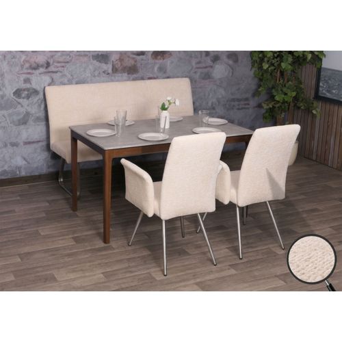 Set De Salle À Manger Hwc-G55, Set De 2 Chaises Avec Accoudoirs+Banc 160cm, Inox Brossé Tissu/Textile Chenille   Crème