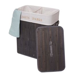 Panier à linge HWC-C21, bac à linge, bambou, 2 compartiments 63x55x34cm 100l   gris foncé