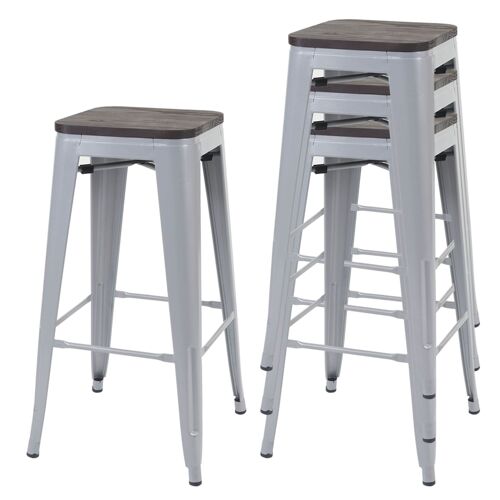 4x tabouret de bar HWC-A73 avec siège en bois, chaise de comptoir, métal, design industriel, empilable   gris