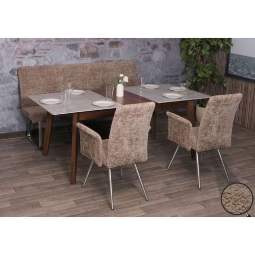 Set De Salle À Manger Hwc-G55, Set De 2 Chaises Avec Accoudoirs+Banc 180cm, Inox Brossé Tissu/Textile Chenille   Brun