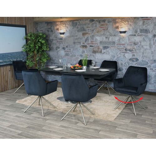 Lot de 6 chaises de salle à manger HWC-G67, chaise de cuisine Accoudoir, pivotant Auto-Position, velours   anthracite-bleu, inox